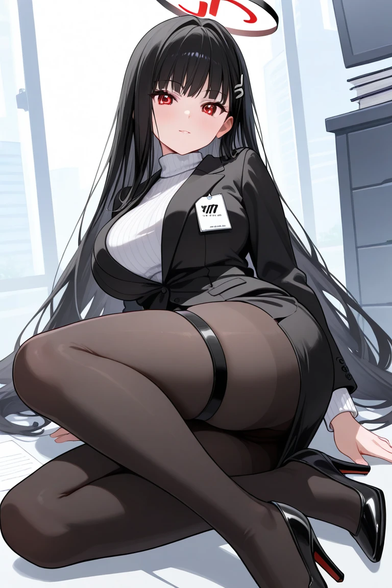 (score_9,score_8_up,score_7_up,),<lora:rio-tsukatsuki-ponyxl-lora-nochekaiser:0.9>,<lora:see_through_pantyhose:0.7>,black footwear,black jacket,black pantyhose,black skirt,buttoned cuffs,jacket,long sleeves,office lady,pantyhose,ribbed sweater,skirt,sweater,thigh strap,turtleneck,turtleneck sweater,white sweater,rio,black hair,red eyes,hair ornament,hairclip,halo,long hair,see through pantyhose,foot focus,from_below,<lora:ag31_style_ba_v1:0.6>,sitting,arms_behind_back,arm_support,