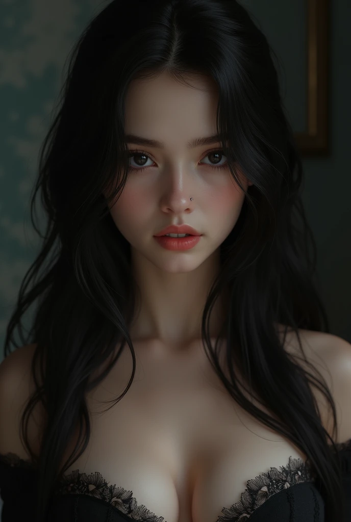 (best quality, hyperdetailed photography:1.2), beautiful lady, freckles, dark makeup, soft light, head and breast portrait, cover, (detailed beautiful face, detail skin texture, ultra-detailed body:1.1) sexy vampire girl, snoopy breast, perfect breast,