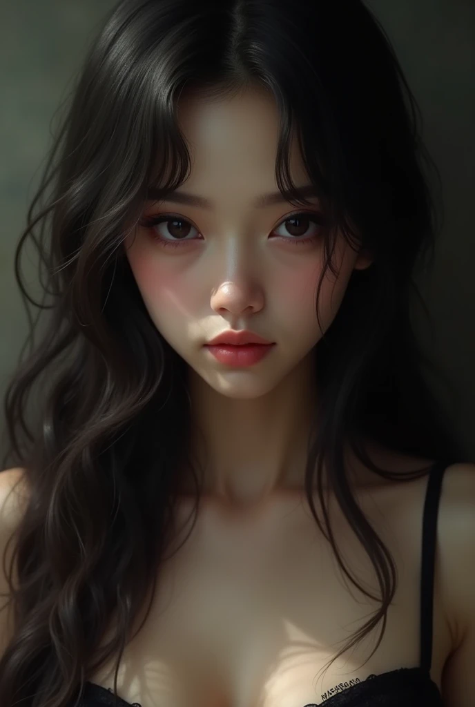 Best quality, masterpiece, ultra high res, (photorealistic:1.4), raw photo, 1girl, offshoulder, in the dark, deep shadow, low key, cold light, detailed skin, looking at the viewer with a serene bliss, diffused light
