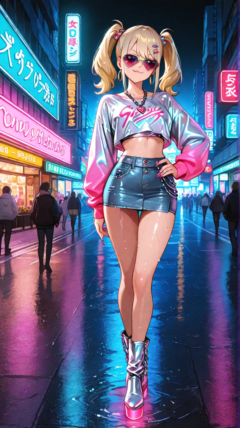 a (cyberpunk:0.7) woman, (white heir:1.2), smirk, (glasses:0.6),perfect body, (skirt:1.3), (nude:0.1),(Times Square:1.2), (rain:1.6), (acrylic paint:0.3),art, artstation, (cartoon:0.5), (dull colors:1.5), (anime style:1.1)