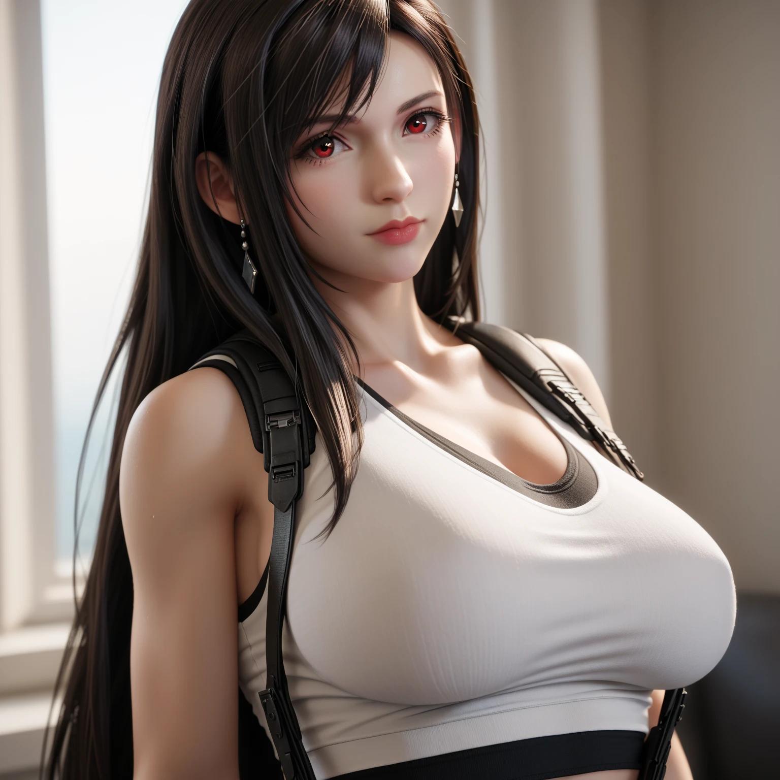 official art, unity 8k wallpaper, ultra detailed, beautiful and aesthetic, masterpiece, best quality, 1girl, extremely detailed, dynamic angle, cowboyshot, the most beautiful form of chaos, elegant, a brutalist designed, vivid colours, romanticism, by james jean, roby dwi antono, ross tran, francis bacon, michal mraz, adrian ghenie, petra cortright, gerhard richter, takato yamamoto, ashley wood, atmospheric. Tifa lockhart, long black hair, red eyes, hair bangs, (white tank top:1.5), black miniskirt, suspenders, stockings, (huge breasts:1.5), cleavage, in a modern industrial apartment, brick wall, one girl, 1 girl, thin waist, wide hips, exposed abdomen, toned abs, toned arms, close up
