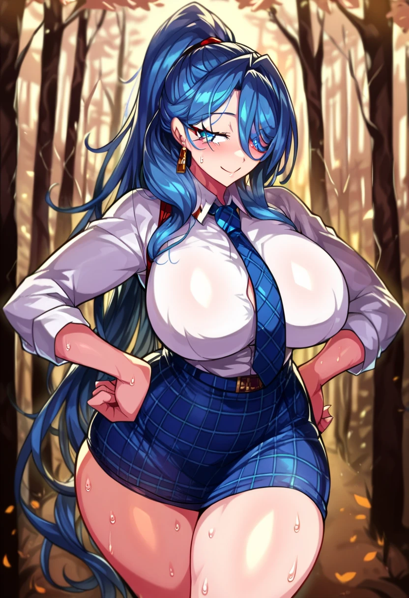 score_9,score_8_up,score_7_up,score_6_up, takeda hiromitsu style,1girl, breasts, skirt, thighhighs, solo, blue eyes, necktie, , long hair, blue hair, ponytail, huge breasts, shirt, tented shirt, plaid, outdoors, plaid skirt, smile, hand on hip, looking at viewer, blue skirt, sidelocks, high ponytail, thighs, sky, tree