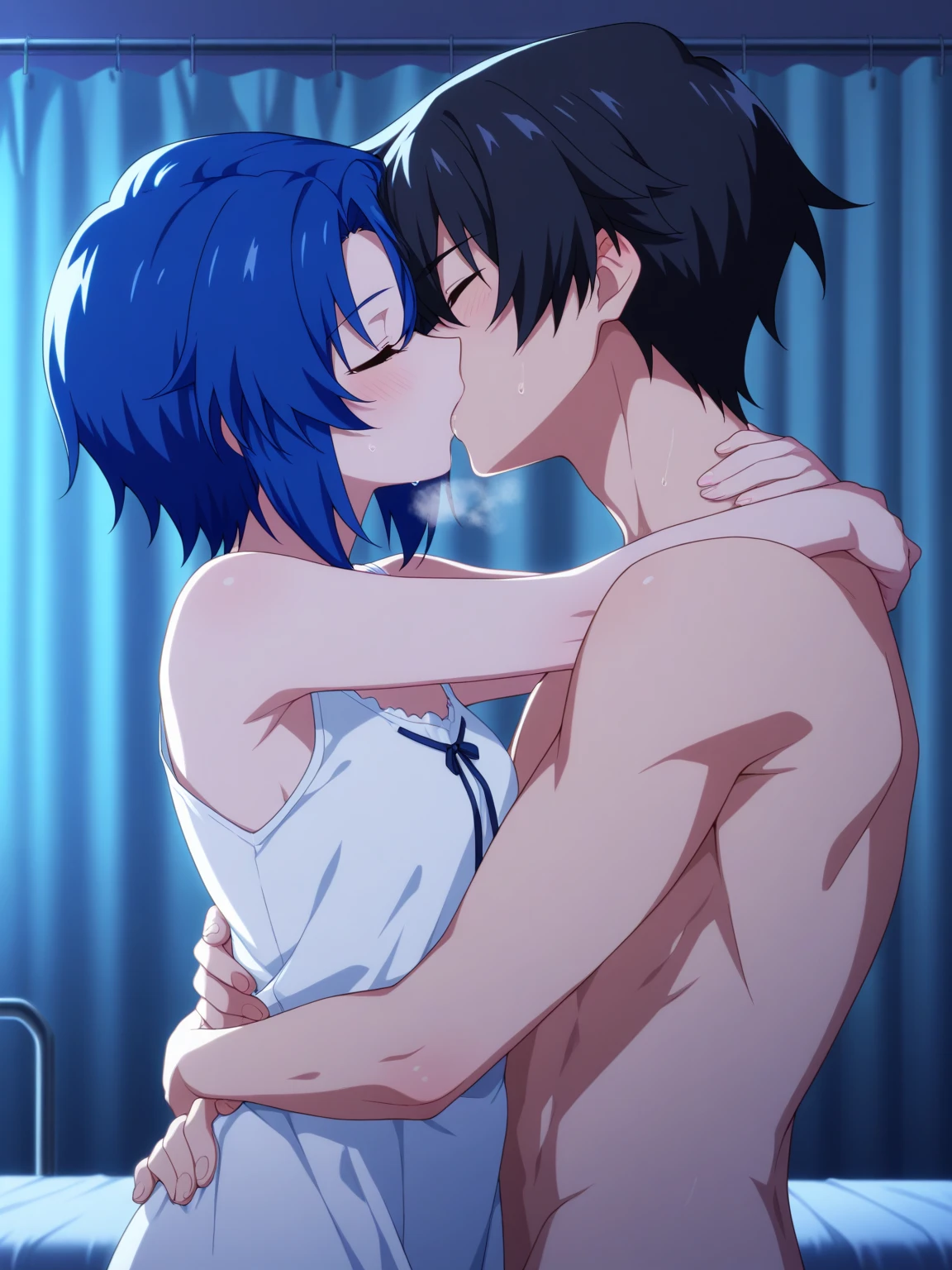 two girls、miwa kasumi(jujutsukaisen)、meimei(jujutsukaisen),anime、lesbian、、naked、tits、chest、nipple、sex、kiss、Fingering、white underwear、black hair、on the bed、blushing、