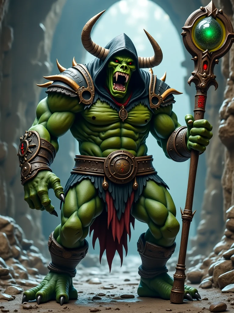 (medium full shot) of (fearsome orc) young, shaman, wearing Feathered headdress, leather robe, bone necklace, furred boots, beaded bracelets, holding wielding totemic staff, set in the orcish lands, in Secret cave hideout, with hidden traps, orc sentries, stockpiles of loot, a central command area , at night, ,Masterpiece,best quality, photo, realistic, very aesthetic
