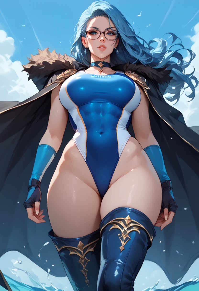 female, solo, young, sexy body, voluptuous figure, tightsuit, white hair, decolored blonde hair, ice effects around, ice queen, beautifull face, long hair, defined body, yellow and bright eyes, thick legs, strong legs, tall, Voluptuous legs, huge ass, big hip, big ass, female sorcerer, blue robes,