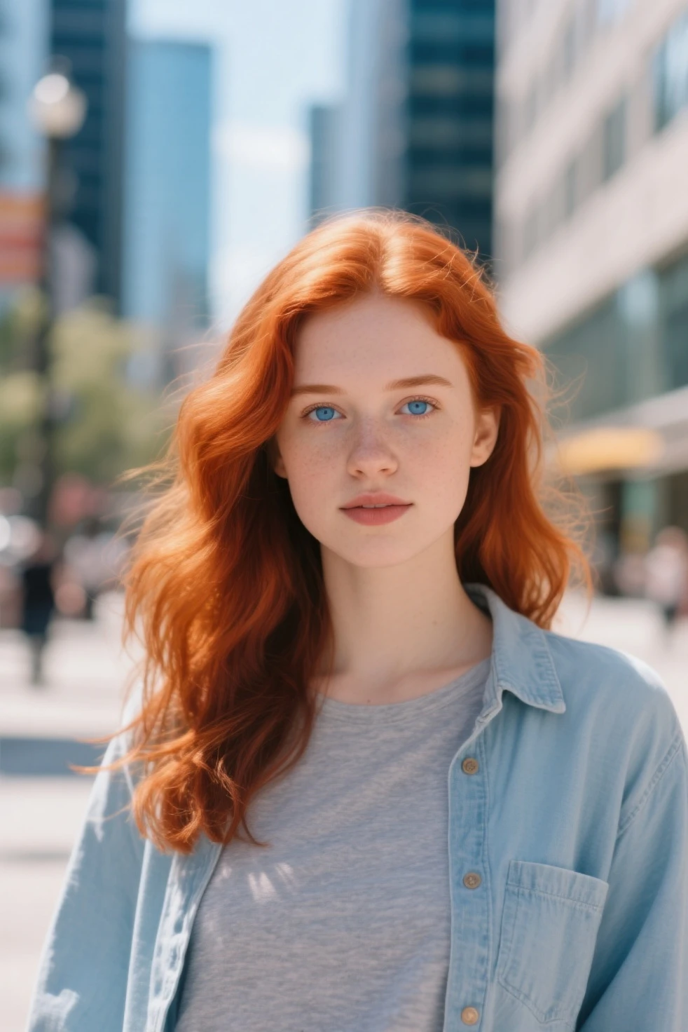 Un portrait photoréaliste d'une Française de 21 ans, aux cheveux roux et bouclés, aux yeux bleus. Elle doit avoir une expression naturelle et accessible et être éclairée par la douce lumière du soleil dorée. L'arrière-plan doit être un décor extérieur , peut-être un aéroport ou une plage ensoleillée. Capturez cette image avec une photographie haute résolution à l'aide d'un objectif 85 mm pour une perspective flatteuse.