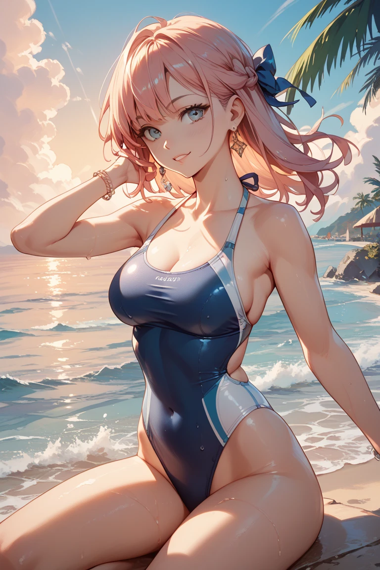 4K,8k,High resolution,Pink Swimsuit、
Quite a young woman,Pink Hair、ponytail、Pink Swimsuit、
(Soft Saturation:1.3), (Fair skin:1.2),
(ultra-Detailed Background, Detailed Background), Bokeh,
break'Smiling portrait.,
When viewed from the front, The composition is symmetrical,
Looking straight at you with serious eyes,
break Swimwear, Pink Bikini, Center of chest,
Outdoor, Sea surface, null, sunlight,Summer beach, Sandy Beach,
Strong light, Front lighting,
(:1.3), (Cowboy Shot:1.2),
Front brake angle,
View your viewers,
Dynamic pose,
sitting on the beach
Wakame seaweed、Wakame seaweed、
Seaweed、Seaweed、Seaweed、Seaweed、Seaweed、Seaweed、Seaweed、