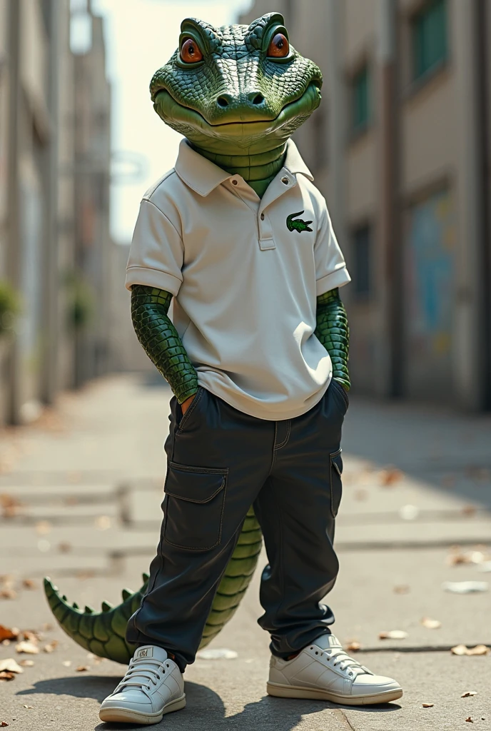 A child, of humble clothing, with part of the arm starting to grow crocodile scales.