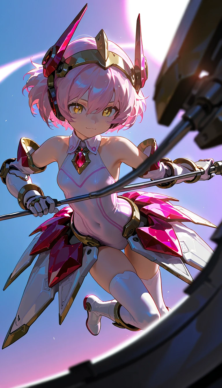 (Perfect Anatomy)、Mastepiece、Ultra High Quality、 8K、masterpiece、Highest quality、Ultra-high resolution、Maximum resolution、Very detailed、Professional Lighting、anime、woman、thin、so beautiful、Highly detailed eye、Highly detailed face、Golden earrings、Pink Hair,、Pink eyes、Mid-chest, pink lips, upper arm pink armor, white leotard, pink pattern, full body, magical girl, Angel Girl, Are standing, pink thigh high stockings, white super long boots, pink gauntlet, high heels, hime cut, bridal hair accessory, (((Summoning a magic sword))), Opening legs outwards, glowing eyes, madeon, Biopunk, Creating wind with wings, (((Forming a magical shield))), Enveloped in a magical aura, Firing magical arrows, spread legs(((attack with sword))), (torn clothes:1.9),