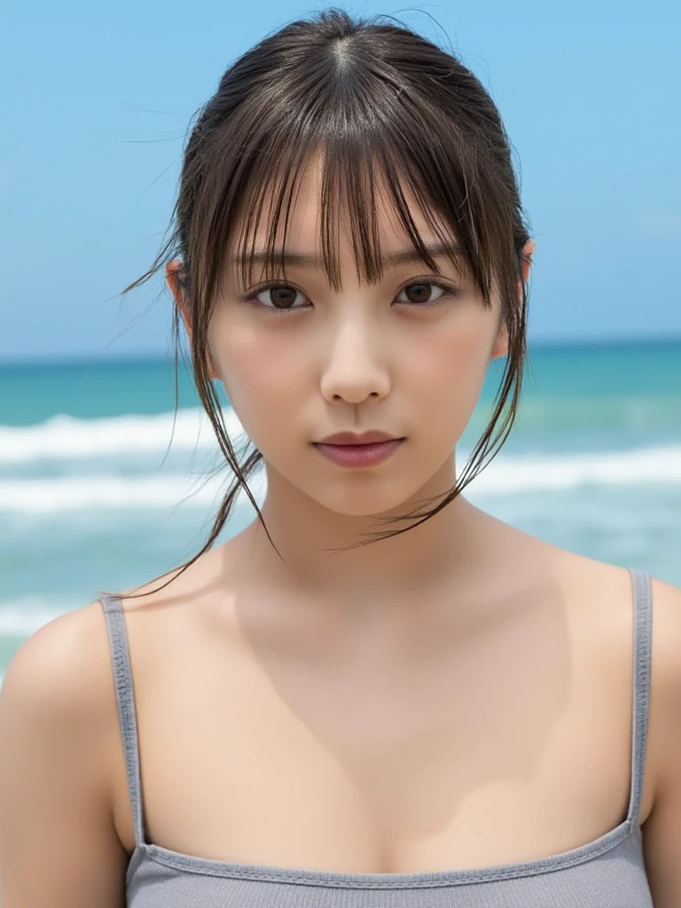 ((Extremely precise and accurate anatomy)), (masterpiece:1.43), Perfect balance, Realistic photos, ((Shrapnel:1.22))、Mid 20s、young woman、Very realistic、High resolution photos、Wavy, Shoulder-length chestnut hair、Grace from the shoulders down、The eyes are a striking green with gold flecks.、Natural arched eyebrows、The skin is white and smooth、natural, Healthy shine、A kind smile、Straight and white teeth、A micro bikini made from soft and lightweight fabric for a snug fit.、Sunlit beach in the evening、The sea swaying in the wind、Clear deep blue sky with white clouds、The sunlight is warm and golden、Natural highlights and shadows that accentuate facial features and clothing textures、メイクは最小限でnatural、Light Foundation、A faint blush、Subtle eyeliner、A little mascara々、Soft pink lip color、Mr.々Pose、Mr.々Show a facial expression、Wavy hair、A sense of movement and vitality、(((Shallow depth of field effect)))、Image focus、The atmosphere is warm、The energy of joy、Natural Beauty