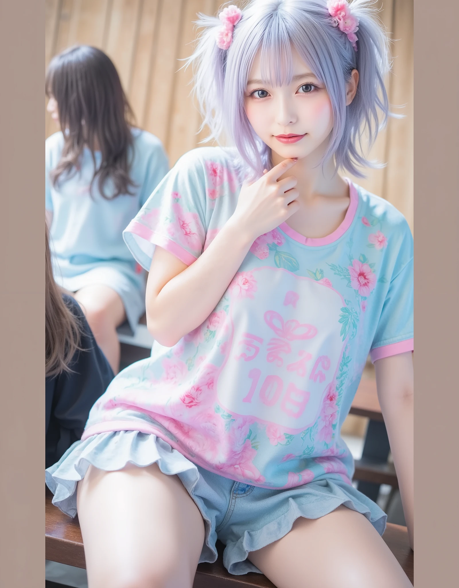 n 8K,Best Quality:1.4,(photorealistic), (Ultra high realistic), (ultra high definition), ( ultra high definition ), (Real Anal Details Pictured in the Name), (Increase saturation), (1 girl), perfect style, photorealistic, dramatic scene, shadow, global lighting, solo, (age famous Japanese idol girl:1.5), is very beautiful日本の女の子, is very beautiful、A pastel colored short sleeve t-shirt with a,30 years old、 (big breasts), Surimi Waist, Perfect Anatomy、perfect fingers、has a smiling face、beautifully detailed eyes, Very Detailed, high resolution, very well detailed,brown hair