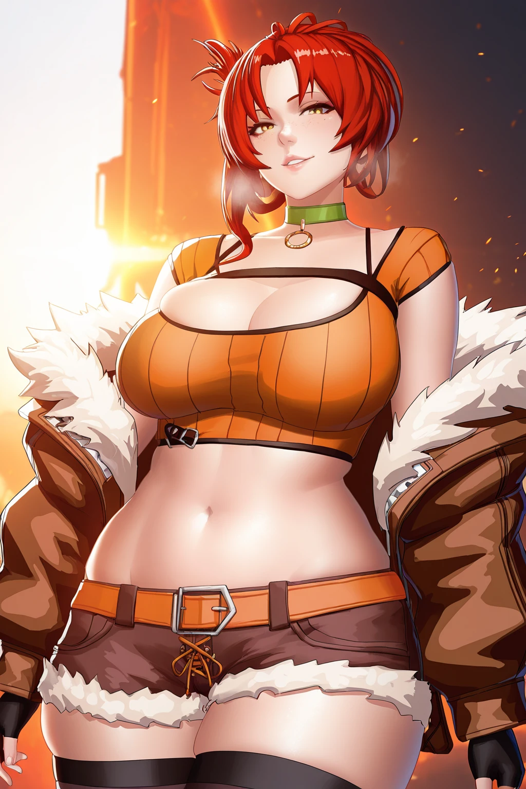 (((absurdres))), (((masterpiece))), (((best quality))), ((ultra-detailed)), ultra high quality, realistic, (real picture, intricate details, depth of field), ((((1girl, solo)))), make up, parted lips, highly-detailed, perfect face, (((mature woman, milf, skindentation))), (huge breasts, wide hips), tall, glossy lips, ((toned abdomen, muscular)), sexy, blushing, ((orange hair, black hair, multicoloured hair, hair over one eye, long hair)), ((beautiful yellow eyes)), (((animal ears, tiger ears, tiger tails, white crop top, cleavage, leather jacket, denim shorts))), (((erotic pose, standing))), ((japanese city)), alluring smile,