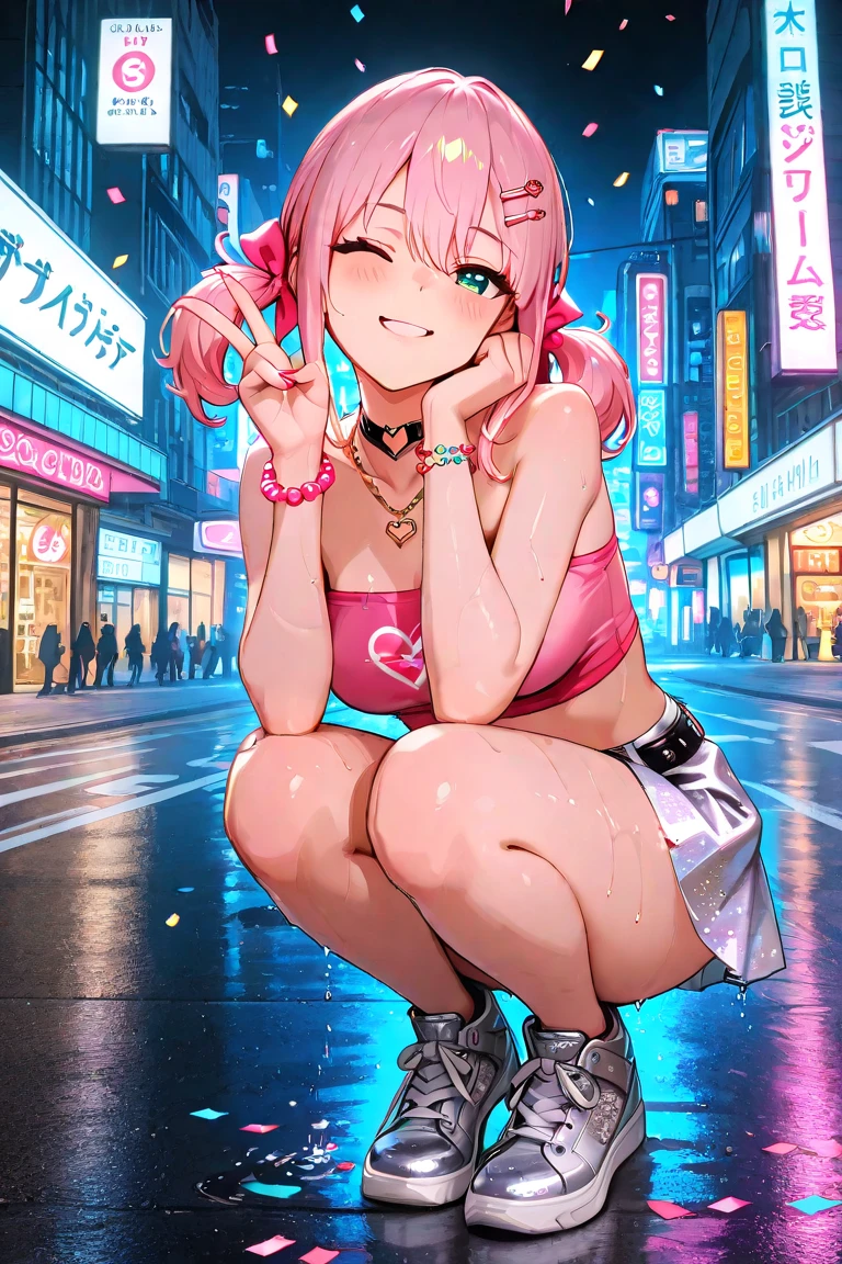 big perfect breasts ((Space Punk Girl)),(((1 girl))),((beautiful Girl)), ((saggy breasts)), ((gray hair, dirty black hair, colored inner hair)), long hair , ((intricately cut hair)), (((Neon pink eyes: 1.4))), beautiful detailed eyes, Very sexy body, ((((Short sweatshirt, Short sweatshirt, Complex sweatshirts)) )) Flowing Cyberpunk Skirt, revealing clothes, show your skin, ((((underboob)))),((cleavage))(((cyberpunk clothes, Complex clothing, Complex clothing))) (((bright skin: 1, 5, sunburned skin, glowing skin) )), ((toned abdomen)), wide hips, moving body, sexy legs, detailed body, ((detailed face)), (Graffiti on clothes), (half naked, dress up a little, barefoot) ((sexy pose)), alone, embarrassing, High resolution, sharp focus, (super detailed, very detailed), (perfect art) (very detailed), (((Bright colors))), (background complex), (table top), (highest quality), Synthwave Neon Color, (((beautiful, in conclusion, fascinating, erotic))), (((NSFW))), Cyberpunk seaside town at night, Puddle with bright and dark storm clouds and neon sign, scenery: 1 , 30,