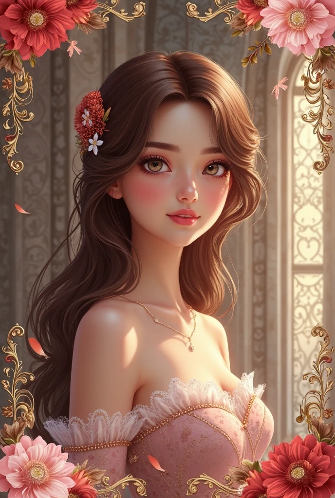 [white-skinned woman:1.2, long curly hair:1.2, elegant red dress, snub-nosed, bright brown eyes], portrait, VSCO filter: C8)