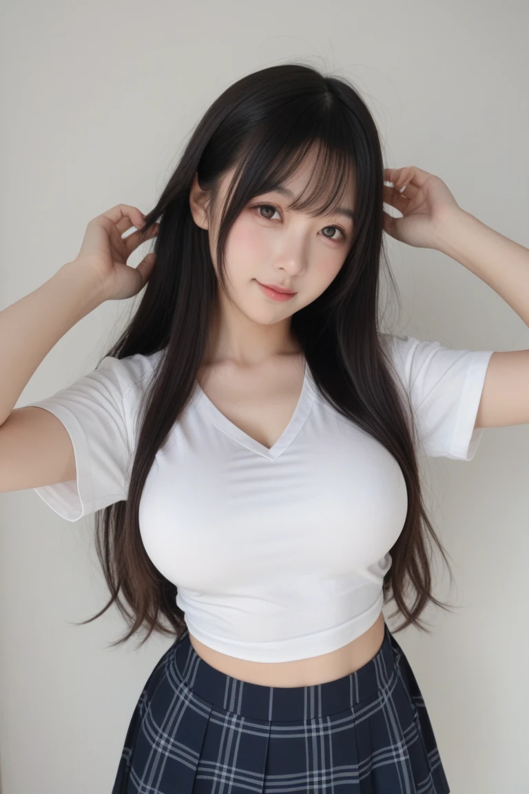 Top image quality、masterpiece、超A high resolution、Raw photography、(Photorealsitic:1.4)、1girll、A detailed face、cowboy shot、(White fitness shirt、Black leggings)、 (big breasts thin waist:1.2)、Long messy hair、Bokeh、beautiful lighting、model poses、slender、韓国アイドル、age19、tiny chest、(A smile)、sports gym、