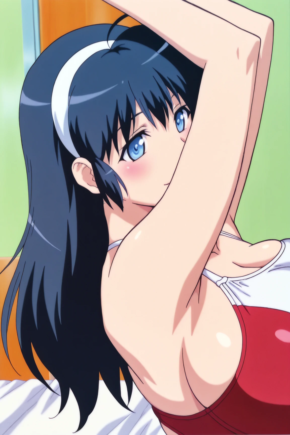 NSFW, masterpiece, (best quality: 1.2), long hair, blue eyes, green hair, worns, big breasts, evil_smile, sexy, ((tennis player)), red lipstick, fishnet stocking, ((seducing a boy)), breast-feeding, 1boy, boy touching woman, boy groping woman