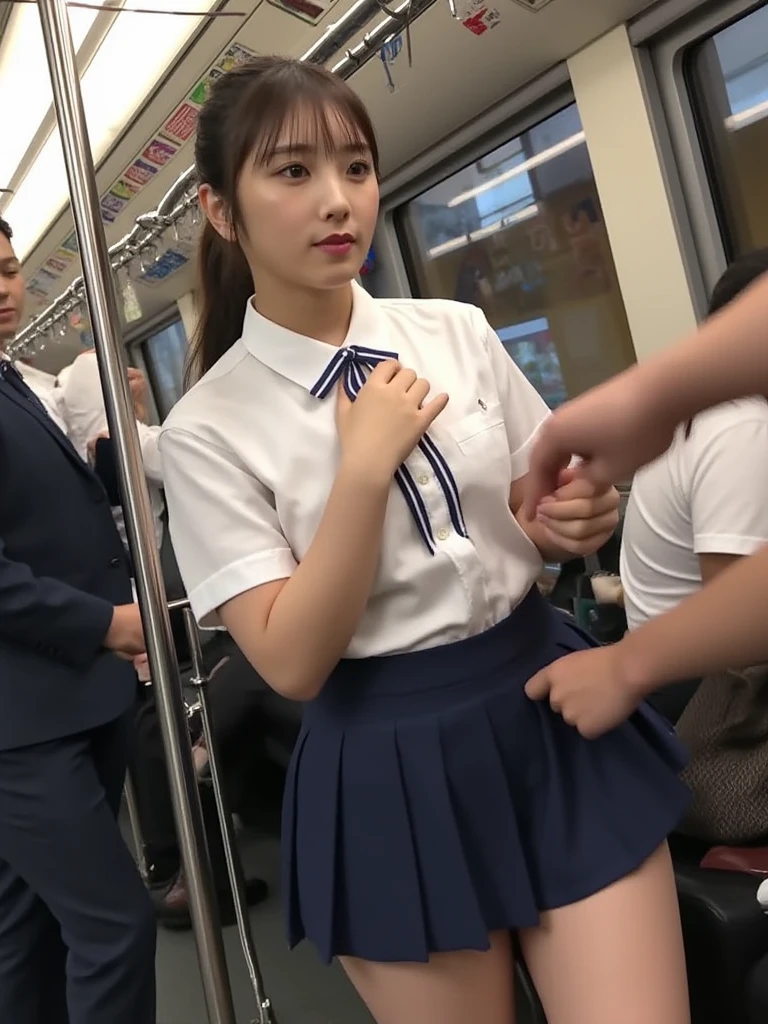 (Best Quality:1.2), Raw photo, High resolution, perfect detail, Professional Photography, Professional Lighting, Sharp Focus, Very beautiful cute woman, Japanese woman, Beautiful detailed face, (closing her eyes:1.2), (clenching her teeth:1.2), dark hair, with bangs, (blushing:1.2), (sexal climax:1.3), (sweating), (huge breast:1.2), (high school uniform:1.3), (pleated skirt:1.2), loafers, (standing:1.5), (have to pee:1.3), covering crotch, (She's putting her both hands between her legs:1.4), (knees together and feet apart:1.3), (full-body shot:1.3), (An other person's hand holding a remote controler:1.3), (in the crowded train:1.2), (Lots of men surround her and all of them staring at her:1.6)