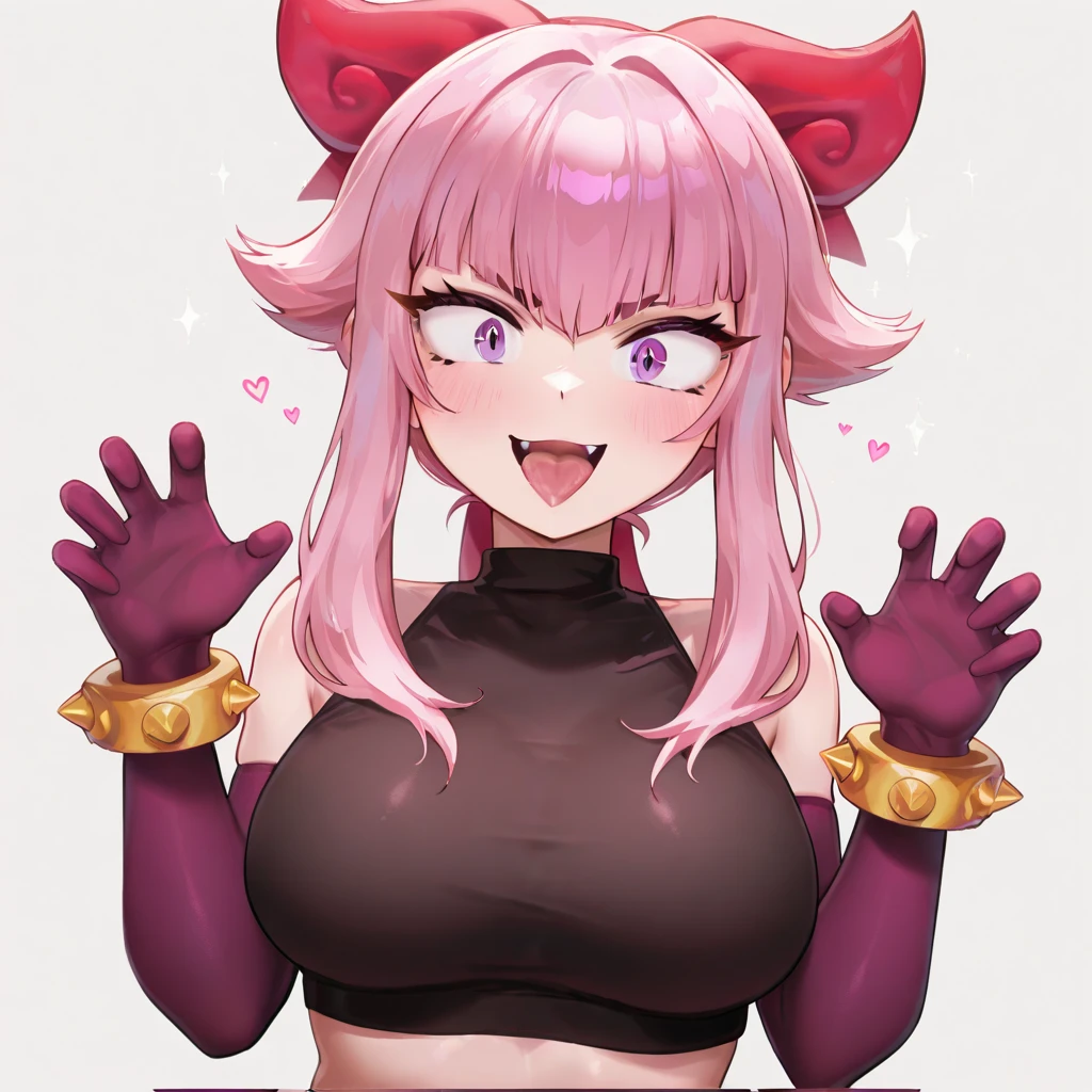 animated style, a close up of a cartoon big breasted woman, with rabbit ears and tail, with rabbit tail, with rabbit ears, girl design, times, portrait, Giesha, animated image, by the wide, pink hair, hair covering the ears, happy, Polished and powerful appearance, exotic, high  