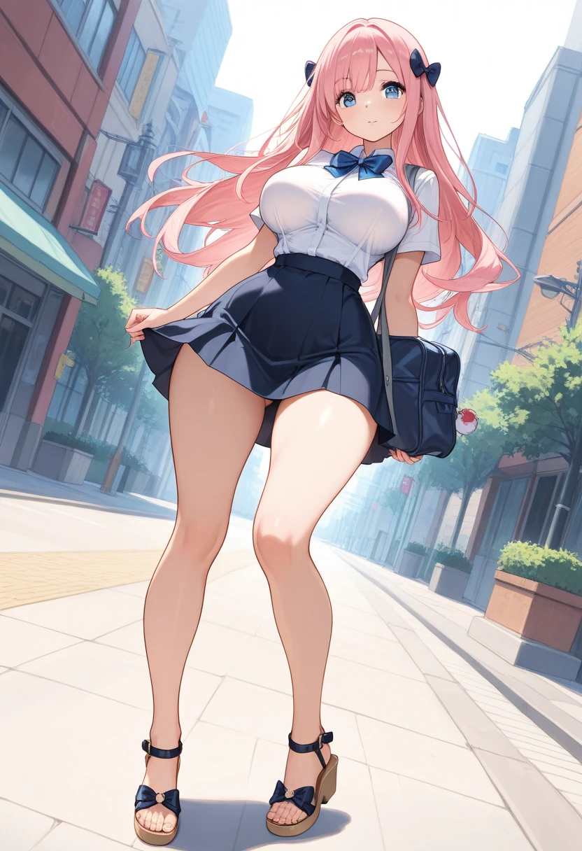 nodokaharamura, nodoka haramura, blue eyes, hair bow, long hair, pink hair, bow,
BREAK blue skirt, kiyosumi , pleated skirt,serafuku, skirt,
BREAK looking at viewer,
BREAK indoors, city,night,neon lights,rain,wet road,reflections
BREAK (masterpiece:1.2), best quality, high resolution, unity 8k wallpaper, (illustration:0.8), (beautiful detailed eyes:1.6), extremely detailed face, perfect lighting, extremely detailed CG, (perfect hands, perfect anatomy),black pantyhose, full body, standing in street, wet uniform,from behind,back view, from below, upskirt,showing ass, panties,wet panties,camel toe.
