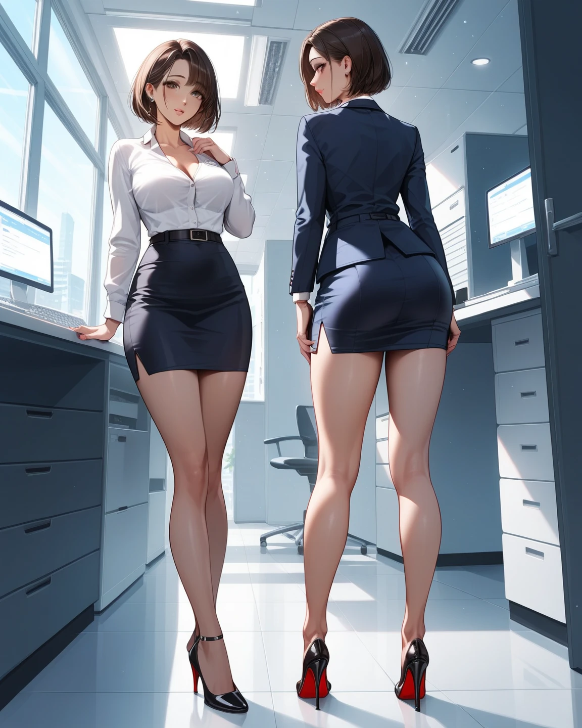 Brunette secretary wearing short dress