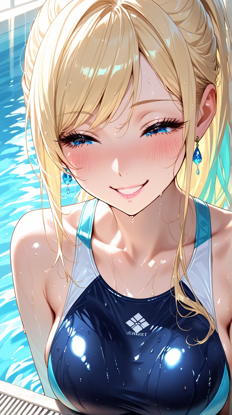 School Swimsuit Yellow swimsuit Blonde Pool smile amount ponytail