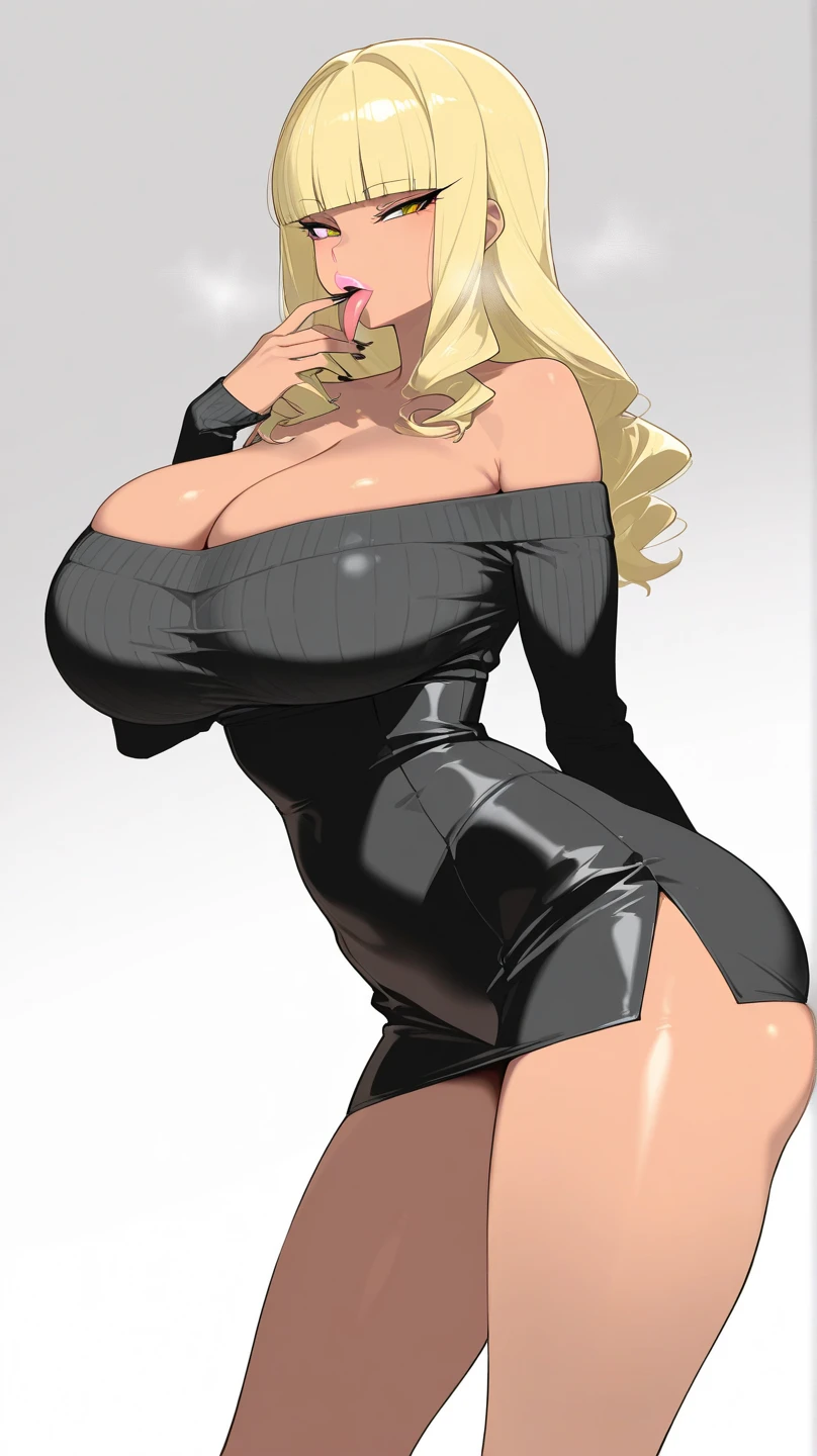 1 woman, fantasy elf, dress, nighclub setting ((above view:1.4)), (masterpiece)),(((best quality))),((character)), ((full body view)) ((seductive pose)) mature face, defined cheekbones, high cheekbones, illustration, girl, muscular, sexy bimbo, (gigantic breasts:1.7) ((detailed face:1.4)) A shimmering adorned in (dark theme:0.9), medieval upper body of a woman sharp features, pointy ears, platinum hair, bob cut, sophia loren, makeup, eyeliner, eyelashes, mascara, black skin, gold sexy dress, cleavage, gigantic breasts, ultra-detailed complex 3D rendering of face, (big breasts: 8.8), (highly detailed skin: 1.2), (exposure: 1.1), red lipstick, earrings, grim, cold stare, dark colors, Volumetric lighting, baroque oil painting by Greg Rutkowski, Artgerm, WLOP, dynamic angle, mystical expression, dark glow effect, fantasy background, rim lighting, side light, cinematic light, ultra high definition, 8k, film grain,best shadow, light particles, navel exposed, detailed skin texture, detailed face, intricate details, super detailed, dark, strong, cleavage, slender detailed abs, fantasy, (realistic), exposed midriff, detailed eyes, ((slendered abs)),((huge breasts:1.9)), (full bodied), wide hips, (fake lips:1.5), Alphonse Mucha dynamic lighting hyperdetailed intricately detailed, (hdr:1.22), muted colors, complex background, hyperrealism, hyperdetailed, amandine van ray, shiny skin, scribbles and marks,(puffy lips:1.5) , rough sketches, 8k,16k, ((dance club:1.5)),