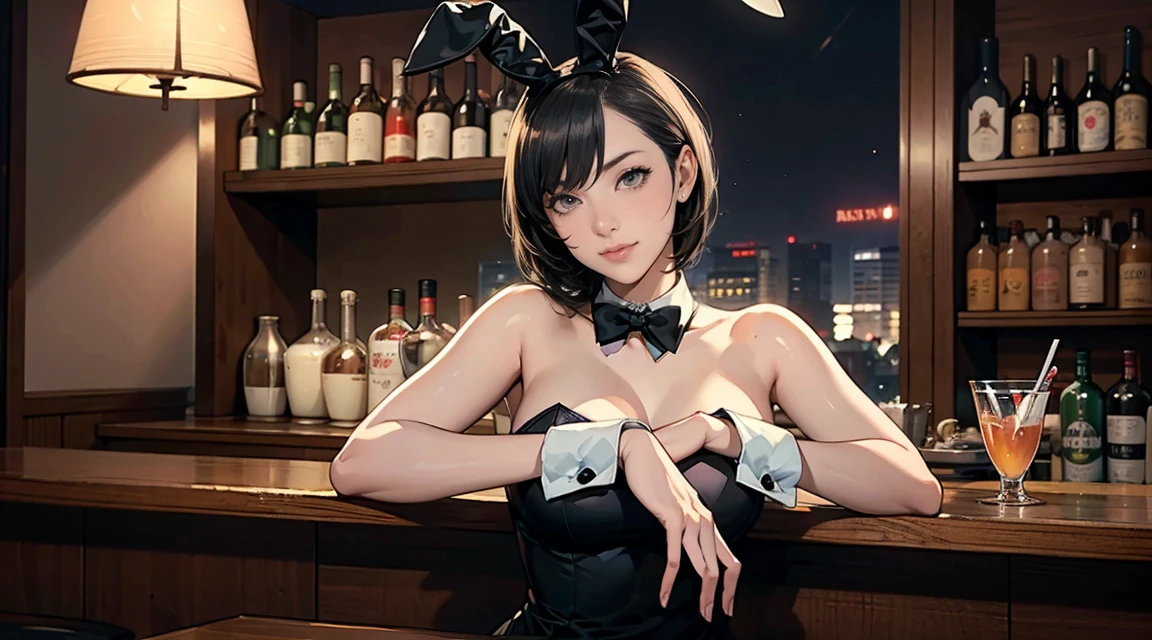 ((Masterpiece, solo, upper body, black and white, monochrome, night), casino, casino bar, playing cards, alchohol bottles), cute anime girl standing, city street, ((smiling, black hair, long hair, wavy hair, cleavage, large breasts)), earrings, bunny girl suit, ((bunny girl outfit)), white bunny ear headband