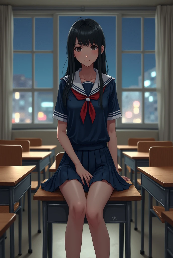 misaki, huge breast, Cleavage, ultra-realistic digital illustration of a slender young woman sitting on top of a wooden classroom desk, facing forward. She is shown in a tight medium shot from the top of her head to just above her knees. Her face and entire head are fully visible and centered within the frame. Her black hair is long, tied loosely behind her head, with two strands hanging down each side of her face. She is wearing a Japanese high school uniform consisting of a dark blue sailor-style top with a white collar and a red ribbon tied at the chest, along with a pleated navy-blue mini skirt. Her shoulders and upper chest are covered by the uniform. The skirt reveals her bare legs from the mid-thigh down. She is not wearing socks or shoes. Her arms are relaxed, with one resting beside her on the surface of the desk, and the other placed lightly on her thigh. She sits with her legs slightly turned, but still clearly within the framing of the image. The desk has a flat wooden surface and a small metal frame visible below it. Behind her is a large rectangular window divided into multiple glass panels. The window is closed. The outside view is blurred, showing only nighttime city lights and dark sky through the glass. Curtains are partially drawn to the sides. The classroom contains rows of empty wooden desks and chairs. The floor is polished linoleum with visible light reflections. The lighting in the room is artificial, coming from ceiling lights out of frame. There are shadows on the floor and parts of the wall. Her figure is well-lit. There are no other people in the room. There are no decorations, posters, or any additional items on the desk or walls. The framing includes part of her upper body, skirt, and bare legs. Her face is neutral, eyes directed forward. The entire figure is clear and nothing is cut off by the edges of the image. The background remains in focus and the perspective aligns with a camera at seated eye level. The entire composition