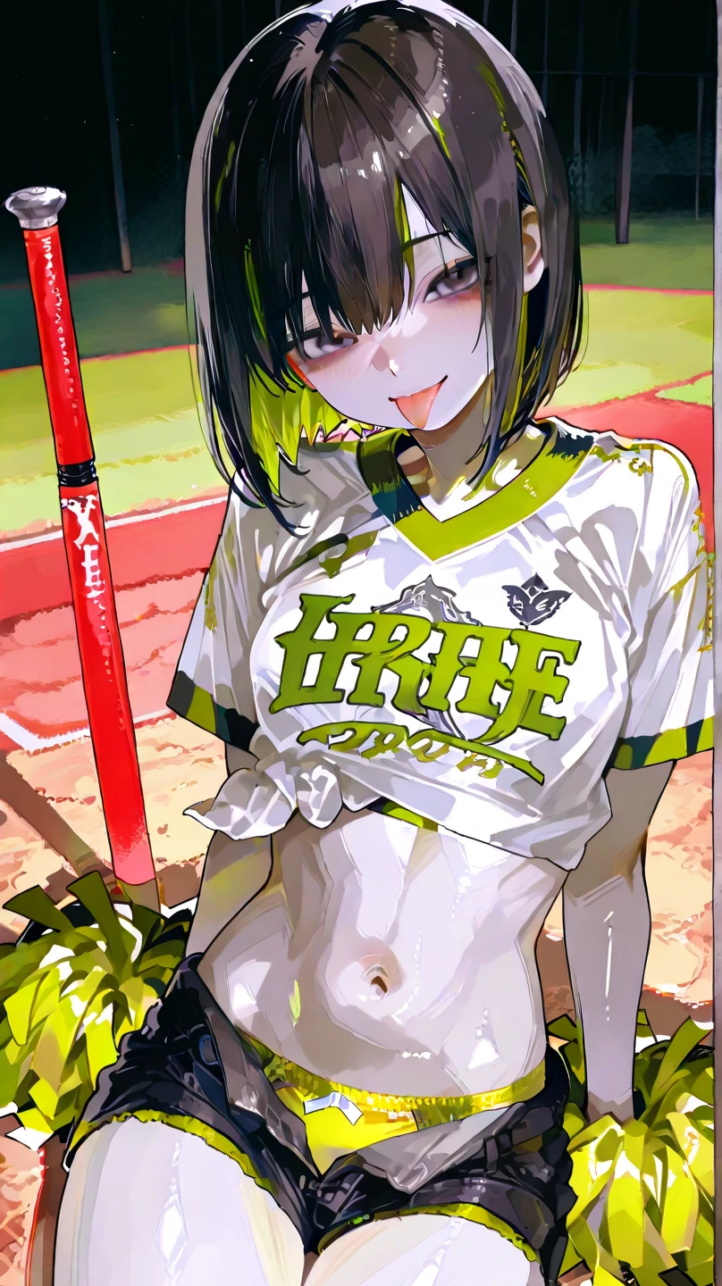 Saori_greenarchive, bedazzling eye, exposed Stomach, 露出したbelly button, Naked tummy, length_hair, 前hair, green_eye, black_hair, Hello, have, chest, baseball_cap, Sleeveless, green_hair, black_Have, belly button, Stomach, big_chest, Sparkling, Starlight、white background, full body