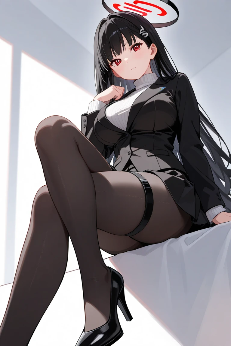 独奏,Riotsukatsuki, Rio, Black Hair, (Red eyes:1.5), hair ornaments, Hair Clip, Hello, Long Hair,
break black footwear, black Jacket, black pantyhose, black skirt, cuffs with buttons, High heels, Jacket, Long sleeve, office lady, pantyhose, ribbed sweater, skirt, sweater, Thigh straps, turtleneck, turtleneck sweater, white sweater,
break looking at viewer, 
break indoors, office,
break (masterpiece:1.2), Highest quality, High resolution, unity 8k wallpaper, (figure:0.8), (Beautiful attention to detail:1.6), Highly detailed face, Perfect lighting, Highly detailed CG, (Perfect hands, Perfect Anatomy),