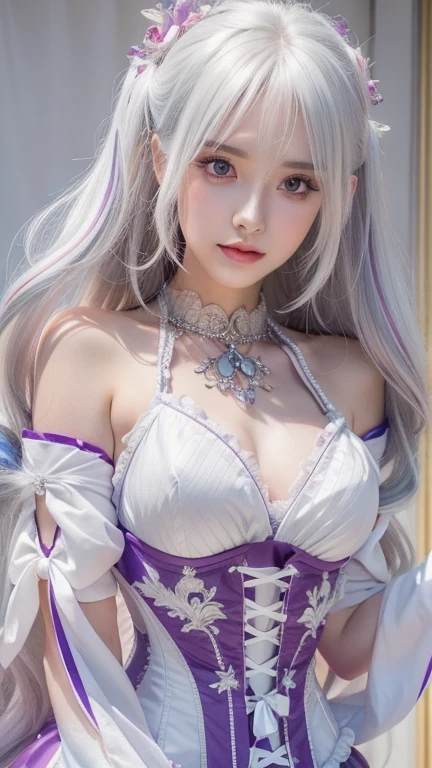1 girl, silver hair, streaked hair, bangs, blunt bangs, long hair, pink hair, aqua eyes, longeyelashes, purple eyes, makeup, smile, parted lips, Realism, Verism, Surrealism, depth of field, first-person view, f/1.8, 135mm, Canon, UHD, retina, masterpiece, ccurate, anatomically correct, textured skin, super detail, high details, high quality, best quality, highres, 1080P, HD, 4K, 8k