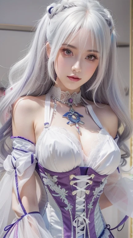 1gir,emilia,emirate,silver hair,dress,thighhighs,, ((from knees up)), ((Bare shoulders)), ((Full breasts)), ((Very big breasts)), ((I-type Valley)), enjoy,blush,excited,obsessed,表情enjoy, A woman standing in the warm sunshine,Highly detailed skin texture,Flowing hair,Intricate fabric detailovie Lighting:1.2),(Shadows and Highlights:1.2),(8K resolution:1.3),Popular art style,Relaxed posture,Gentle expression,Smile,Natural background,(Best quality:1.3),(Anatomically correct:1.2),(Official Art:1.1),Amazing,beauty,Young and energetic,captivating model,Detailed CG, 8k wallpaper