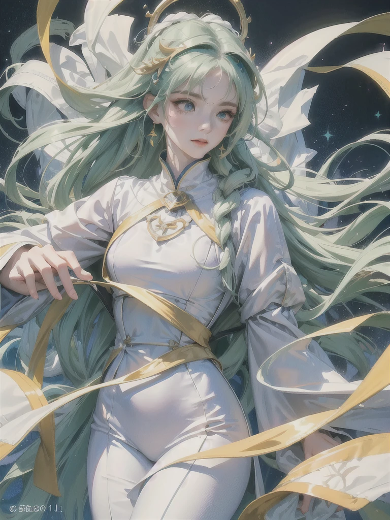 ((tmasterpiece、Need、ultra-delicate、A high resolution)), 独奏, Beautiful boy, Mysterious green eyes, perfect  eyes, 18yr old, Black and white gold theme,Prayer beads，White hair，long whitr hair，Miscellaneous hairs，mistic，the witcher