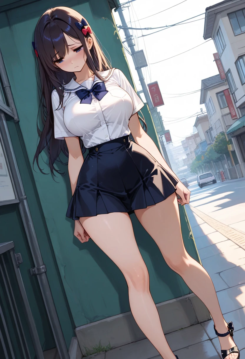 afb.1girl,23-year-old. solo, realistic, school uniform, skirt, full body, shirt, loafers, brown hair, brown eyes, pleated skirt, plaid skirt, looking at viewer, lips, underwear, (white panties:1.3), white shirt