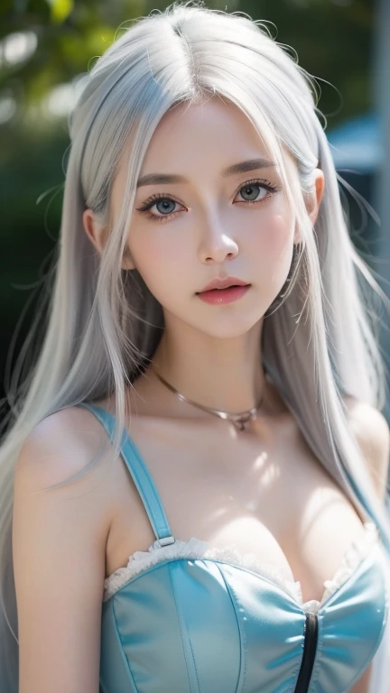Masute Piece, bestquality, Very detailed, Weight loss in the cinema, intricate detailed, high-res, official art, Dense beautiful face and eyes, High Resolution Illustration, 10, deep depth of field, bokeh, bara, 1girl in, tattoo, Girl with white hair and red eyes, long White hair, Beautiful red eyes, Beautiful landscape, Rainy City, Upper body, looking at the audience, Up Close