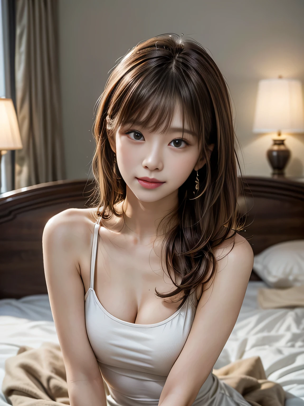 (surreal), (Consciousness upward), (High resolution), (8K images), (Very detailed), (The best Consciousness upwardns), (Beautiful and detailed), (Highest quality), (Very detailedな), (masterpiece), (wallpaper), (Detailed face), alone, One Girl, Light brown hair、Silk Costume、Wear a camisole、florals、Big smile、Cleavage、Ren Hao、blush、Dark eyeliner、prohibit、Tightening of the lower back、Thin thighs、Small Ass、Beautiful Bangs、Looking at the audience、necklace、Earrings、port、night、Night scenery、Hotel Balcony、Lying in bed、