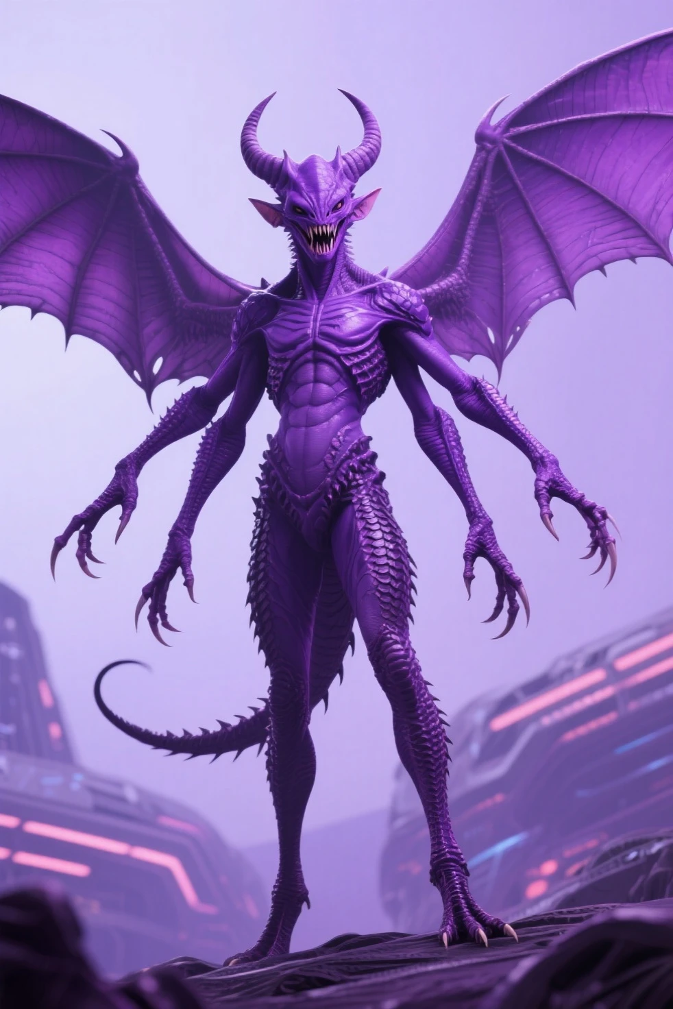 Homme dragon noir et violet, musclé et charismatique