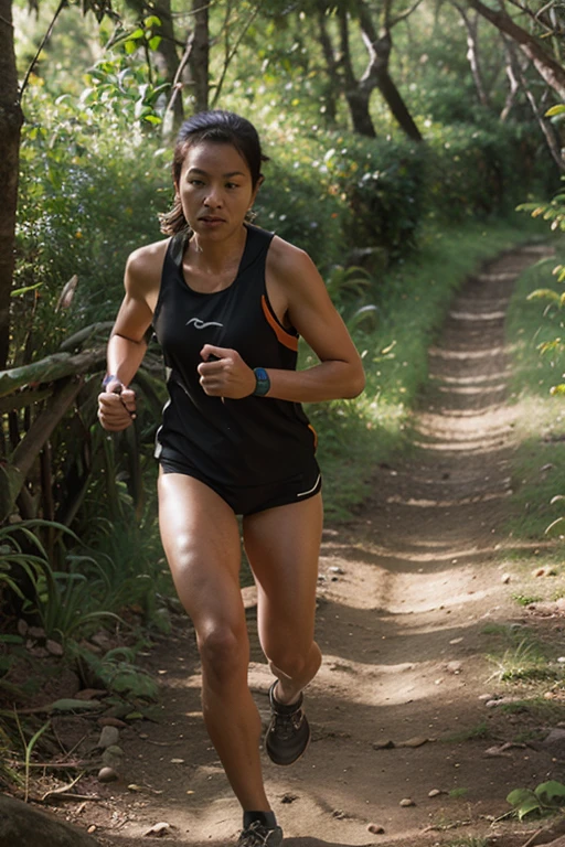 photograph, Depth of field 270mm, dynamic, Cold Lighting, Kinemacolor, Selective focus, Electic Colors, Gloomy (Female [Vulcan|HAL 9000]:1.1) Running in a Costa Rica, hard light, Phase One XF IQ4 150MP, moody lighting, Fomapan 400, Rembrandt lighting