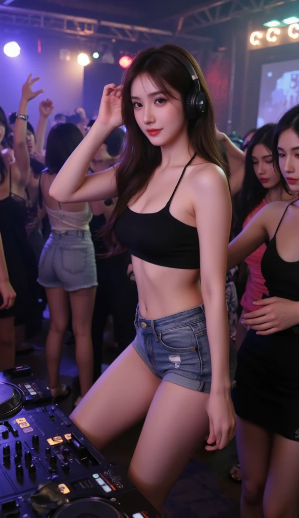 ((masterpiece、top-quality、8K))Provocation brown hair、white tank tops、huge tit、Black Hot Pants、Beautiful woman hitting drum hard、Above the bandstand、Screaming face、Bokeh