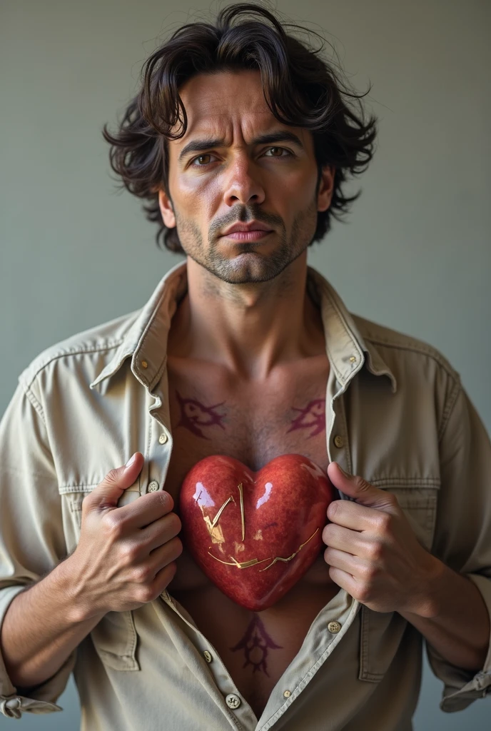 Create two images in one photo: of a man with chains for emotional dependence with his wounded and broken heart and of a woman in a cage for emotional dependence with her suffering and crying heart. Don't be afraid, not that they demonstrate the sadness and the but of not being able to free themselves. 