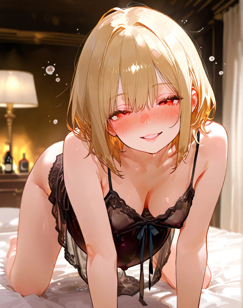 Cute-sexy girl with short blonde hair, yellow eyes and wearing royal clothes, Lying on a white bed, with her right hand inside her vagina, masturbating with a naughty face, With her mouth open full of cum, with cum falling out of her mouth
