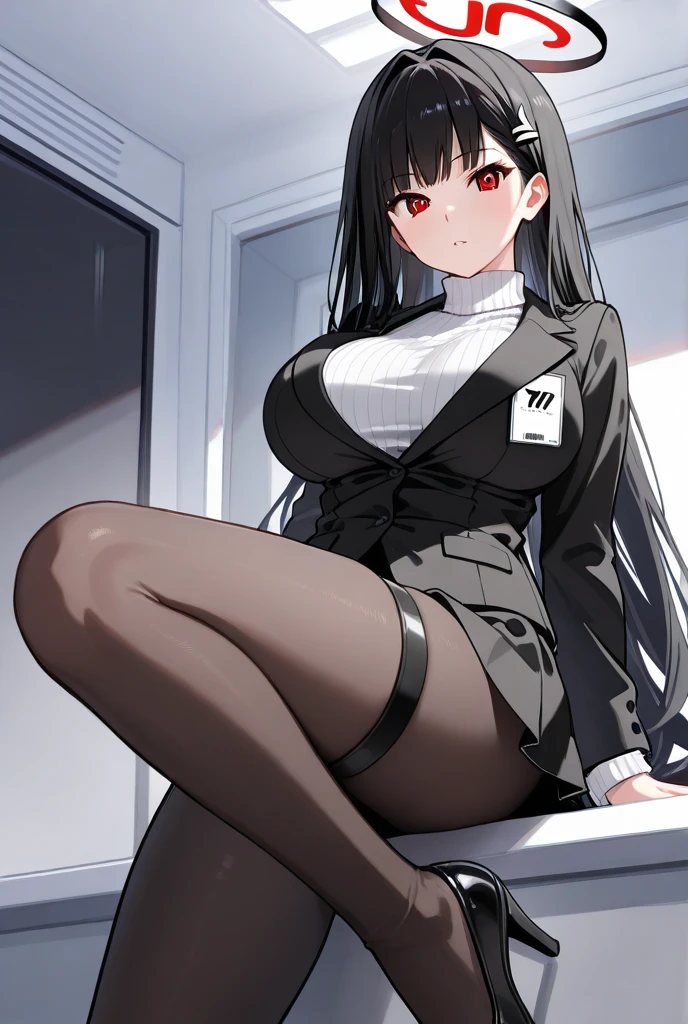 A shot that hit a gentleman in a full black suit in the head、Fresh red blood overflowing from the chest、fire a handgun、She lifts her skirt with both hands、Showing off cute white underwear.、Black garter belt、Black rough fishnet stockings、Plain white shirt with a red tie、Standing posture、Abandoned Factory