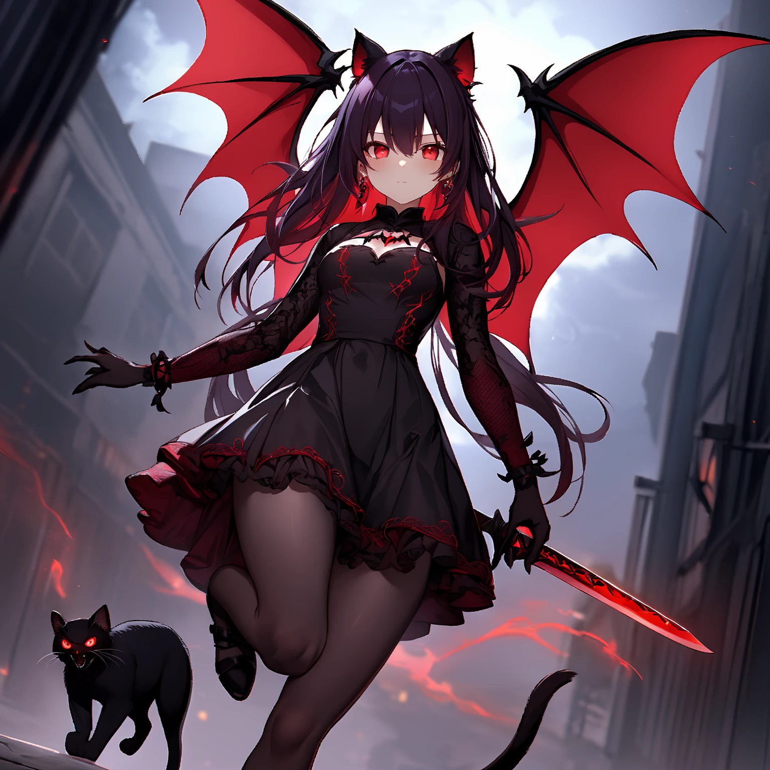 Goth girl, Goth girl 1girl 1girl,solo, adult, long hair,looking at viewer,closed mouth,black hair,jewelry,black hair,multicolored hair,earrings,choker,red eyes, glowing eyes, necklace ,two-tone hair,fangs,piercing,cross,ear, piercing,(full body:1.5),black stockings , thin legs, (fantasy town), (fantasy town background) ,(town background), night, gothic style, night sky, fangs,, gothic dress, bloody rain, <lora:Goth_girl-v2S:0.8>