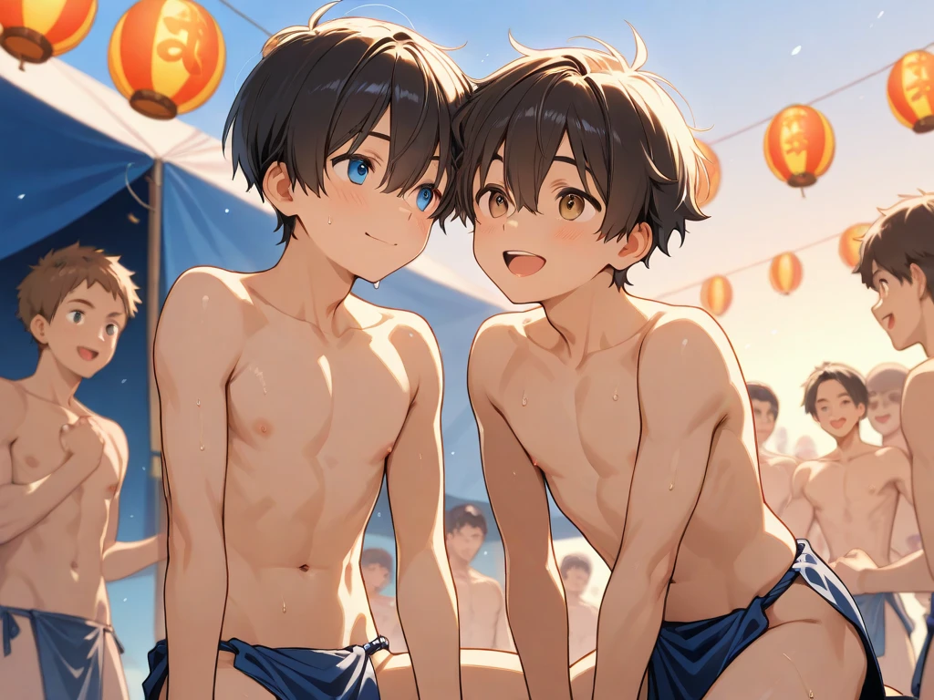 Nudist girl jumping forward、A lot of close elementary school boys hugging each other、surround each other's face、(((Laughter and joy)))、in group photograph、Group Selfies、In the tent at night、from side