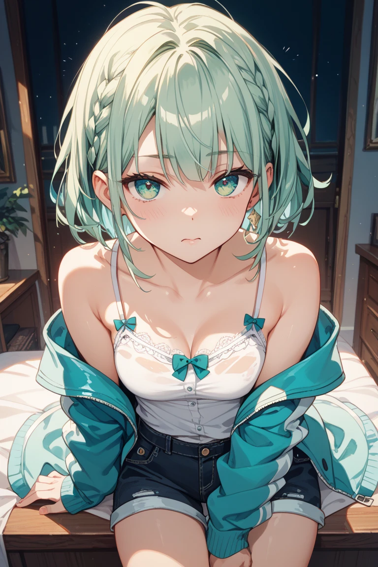 Green hair,short detailed hair,bit girl,10years old,Overlooking,年轻,blue color eyes,bshoulders,鎖骨,Close-up,cleavage,(Off-the-shoulder outfit1.2),libraryai,(white skirt)