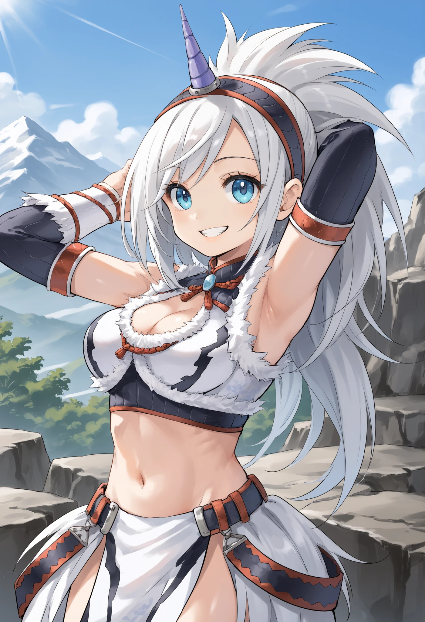 best quality, integrated scenery, integrated background, extremely delicate and beautiful, meticulous details, good composition, , cute face, perfect face,( score_9:0.9), score_8_up, score_7_up,rating_safe, anime style,(zPDXL), Armor , young_girl, Alone, single_purple_horn Hairband, Blue Eyes, , belly button,large_breasts, white loincloth, white kimono sleeve , smile, mountain background, monochrome, white bandeau, armpit,raise_arm,(abs:0.65),smile,spiky_bangs,sunlight,spikey_shaggy_hair,oil,