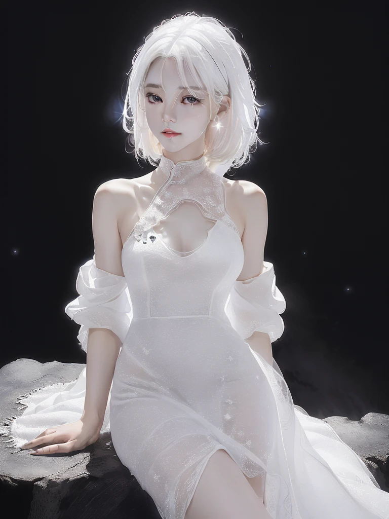 Superb and masterpiece, high resolution, best quality, UHD, super detail, award-winning, 16k, upper body, a beautiful girl, white hair, ((golden eyes)), hanging eye corners, a variety of white clothes, hair, fair skin, slender body, small breasts