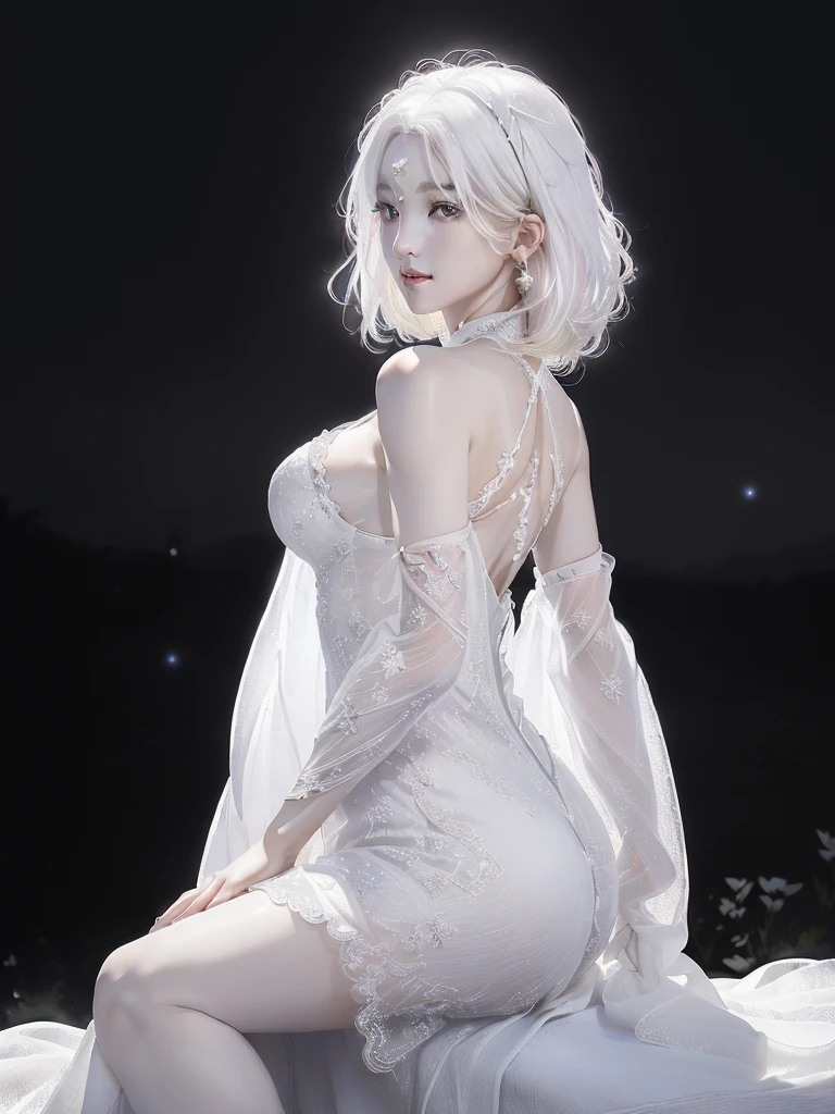 realisticlying, A high resolution, 1 rapariga, White color hair, korean people, eBlue eyes, The transparent cheongsam is flying,Sheer tight-fitting garments,Beads of sweat dripped down the buttocks,Large chest,((show breast, show nipples, clean areola)), Wide buttock, your ass,Butt visible,Visible on the back,buttocks visible,Ass pouted,wide wide shot,Cinema lenses,The skin glows,space ship,