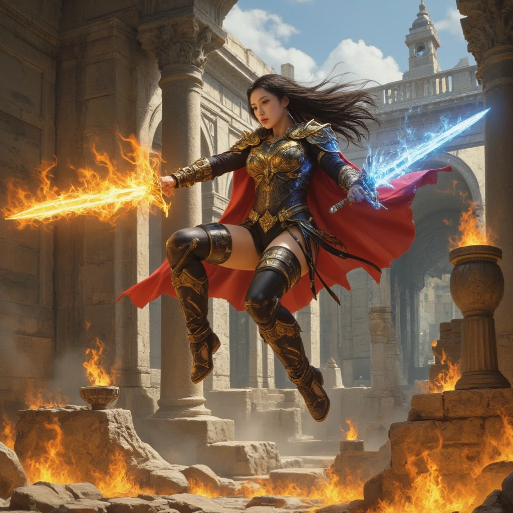 (Masterpiece), (Intricate Details), (Photorealistic:1.3), (Film Grain:1.4), (Perfect Anatomy), Beautiful full-body woman, Battle-ready posture with blood-stained sword, 20 years old, Korean, Muscular and perfect body, savage warrior, brave face, (fantasy background), full armor,