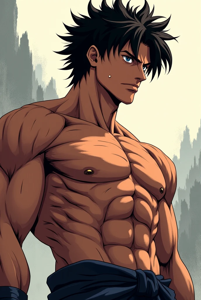 Character with these characteristics:
handsome , medium long black hair , tired eyes , muscular , cold and the type of drawing is the same as Hajime no Ippo's look that makes you look like he lost everything just like Guts from Berserk